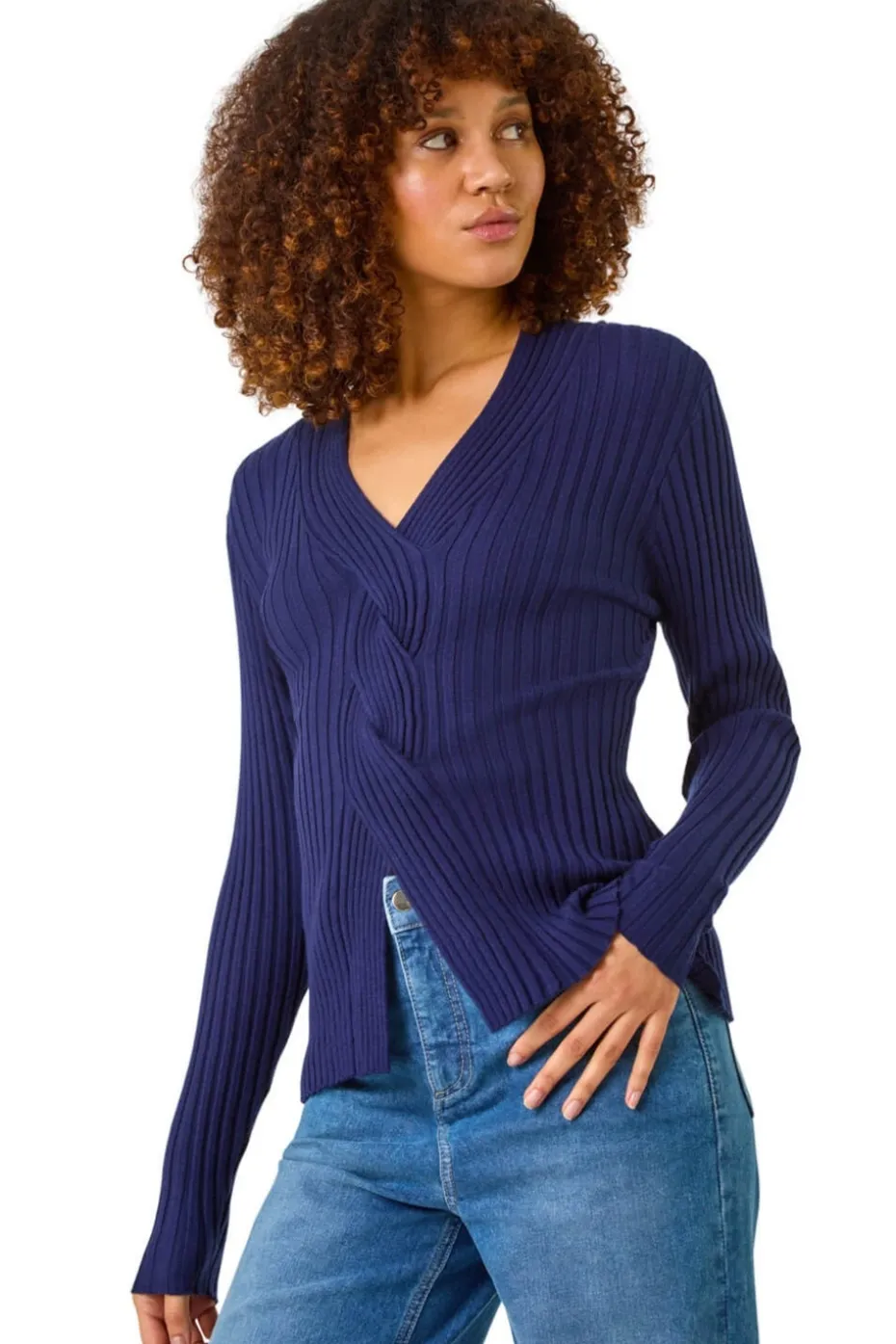 Roman Navy V-Neck Cable Ribbed Knit Jumper