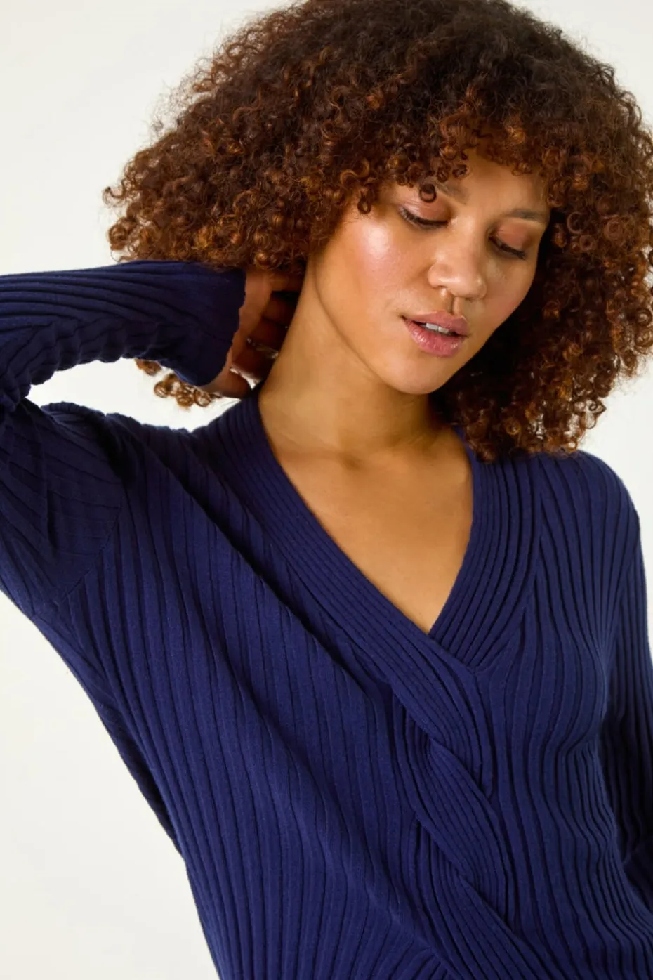 Roman Navy V-Neck Cable Ribbed Knit Jumper