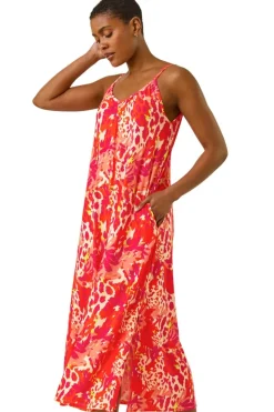 Roman Orange Abstract Print Swing Midi Stretch Dress