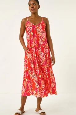 Roman Orange Abstract Print Swing Midi Stretch Dress