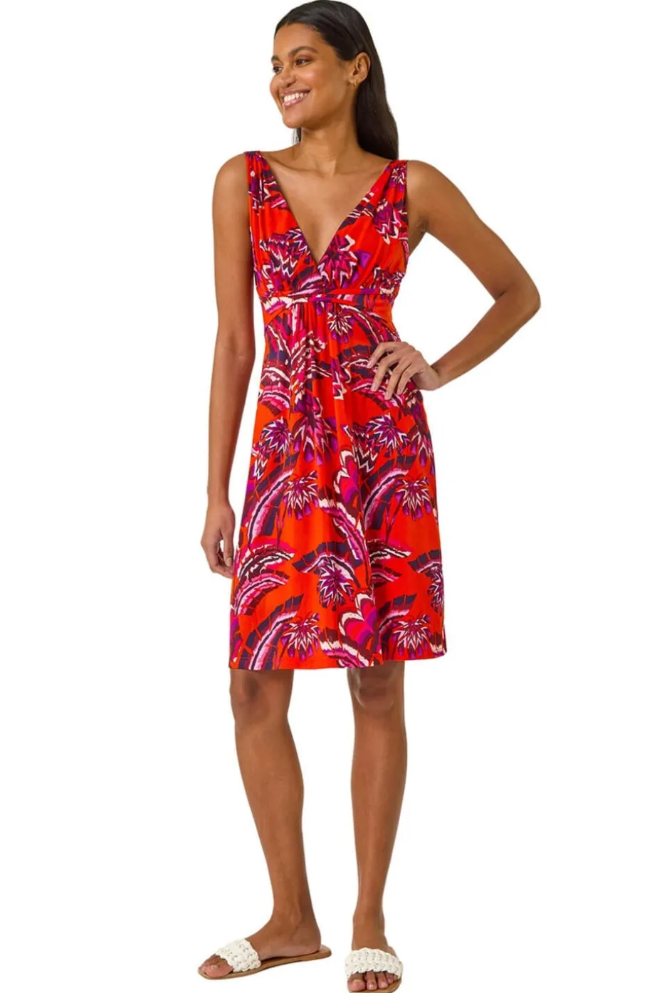 Roman Orange Abstract Print V-Neck Stretch Dress