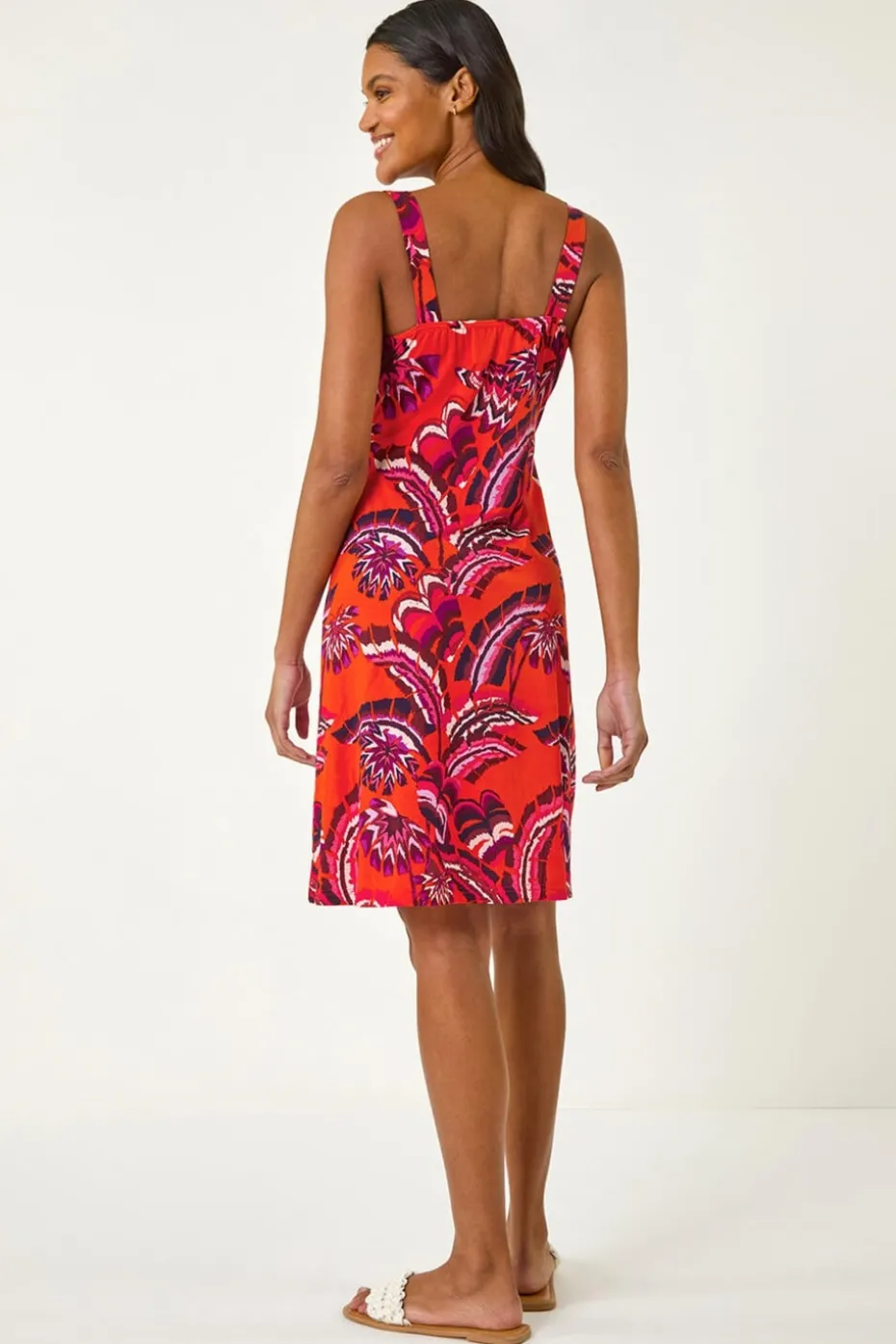 Roman Orange Abstract Print V-Neck Stretch Dress
