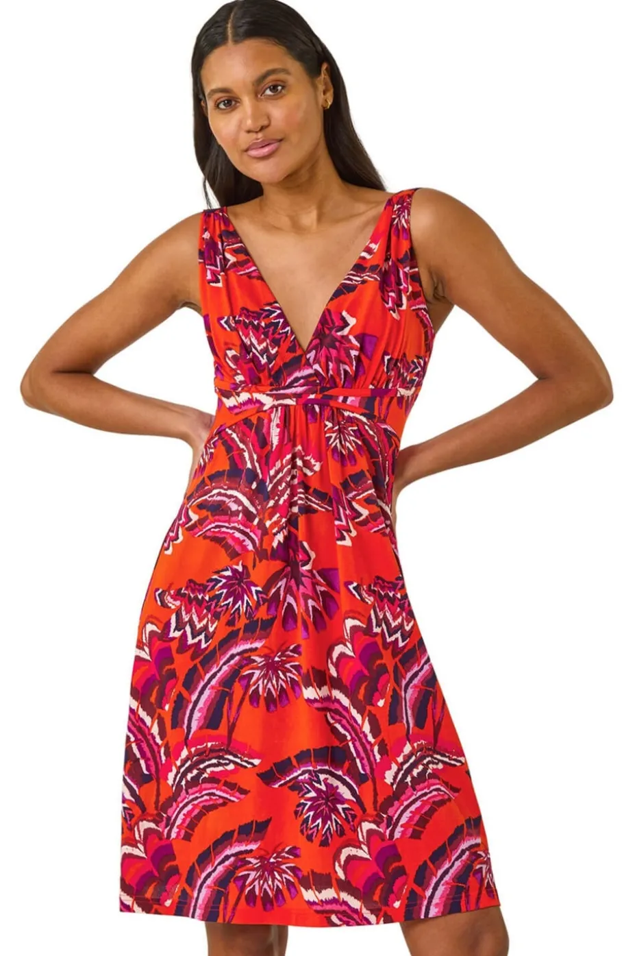 Roman Orange Abstract Print V-Neck Stretch Dress