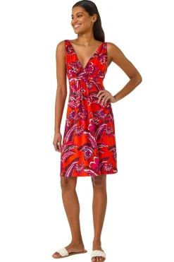 Roman Orange Abstract Print V-Neck Stretch Dress