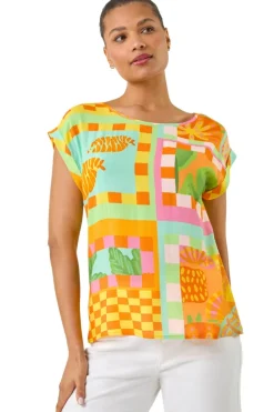 Roman Orange Abstract Print Shell Top