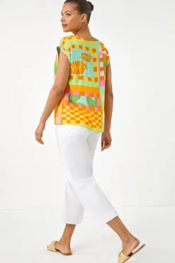 Roman Orange Abstract Print Shell Top