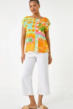 Roman Orange Abstract Print Shell Top