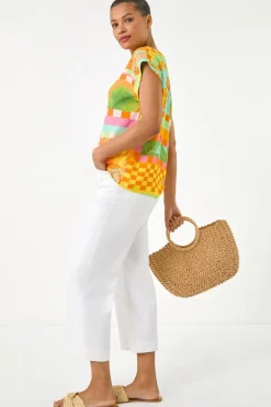 Roman Orange Abstract Print Shell Top