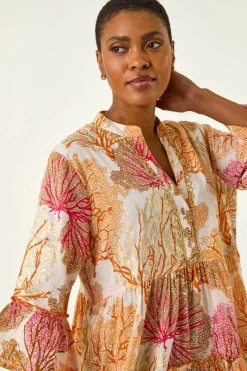 Roman Orange Embroidered Cotton Printed Frill Smock Dress