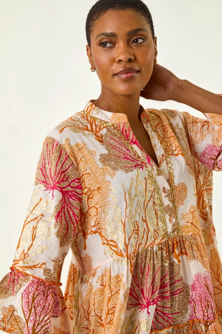 Roman Orange Embroidered Cotton Printed Frill Smock Dress