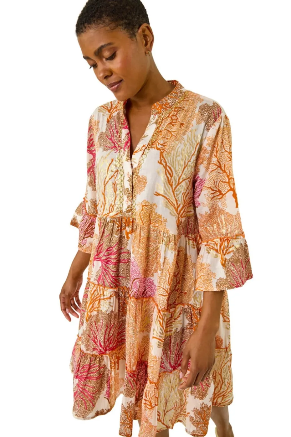 Roman Orange Embroidered Cotton Printed Frill Smock Dress