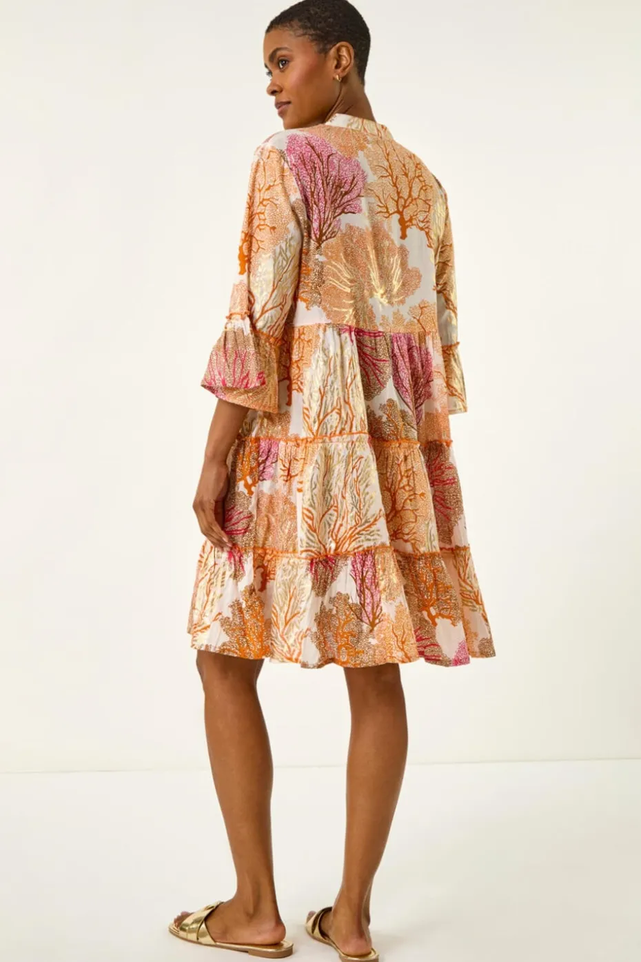 Roman Orange Embroidered Cotton Printed Frill Smock Dress