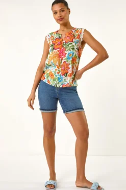 Roman Orange Floral Print Lace Detail Vest