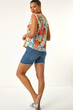 Roman Orange Floral Print Lace Detail Vest