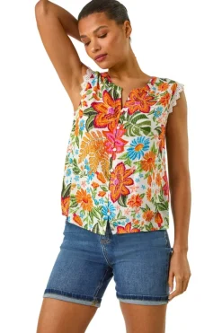 Roman Orange Floral Print Lace Detail Vest