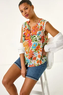 Roman Orange Floral Print Lace Detail Vest