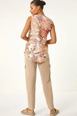 Roman Orange Floral Print V-Neck Vest Top