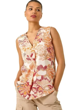 Roman Orange Floral Print V-Neck Vest Top