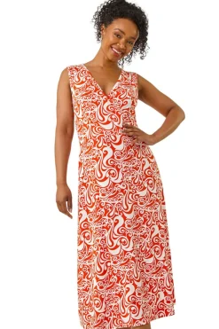 Roman Orange Petite Abstract Print Wrap Midi Dress