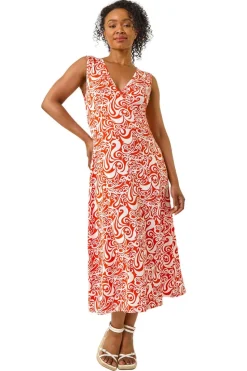 Roman Orange Petite Abstract Print Wrap Midi Dress