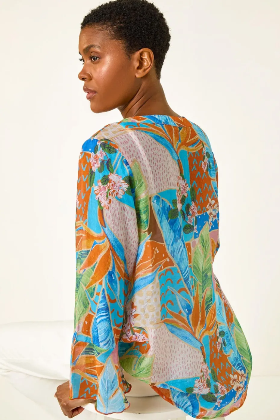 Roman Orange Tropical Print Frill Sleeve Top