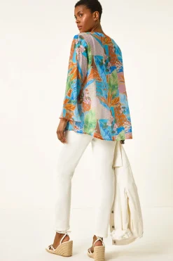 Roman Orange Tropical Print Frill Sleeve Top