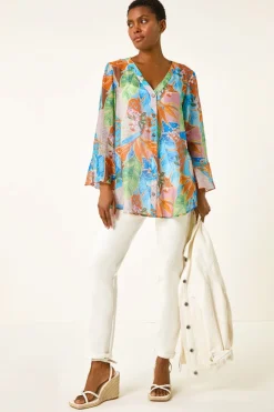 Roman Orange Tropical Print Frill Sleeve Top