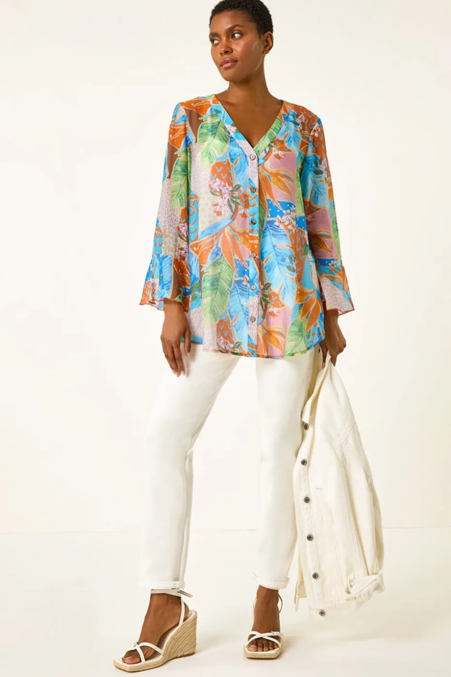 Roman Orange Tropical Print Frill Sleeve Top