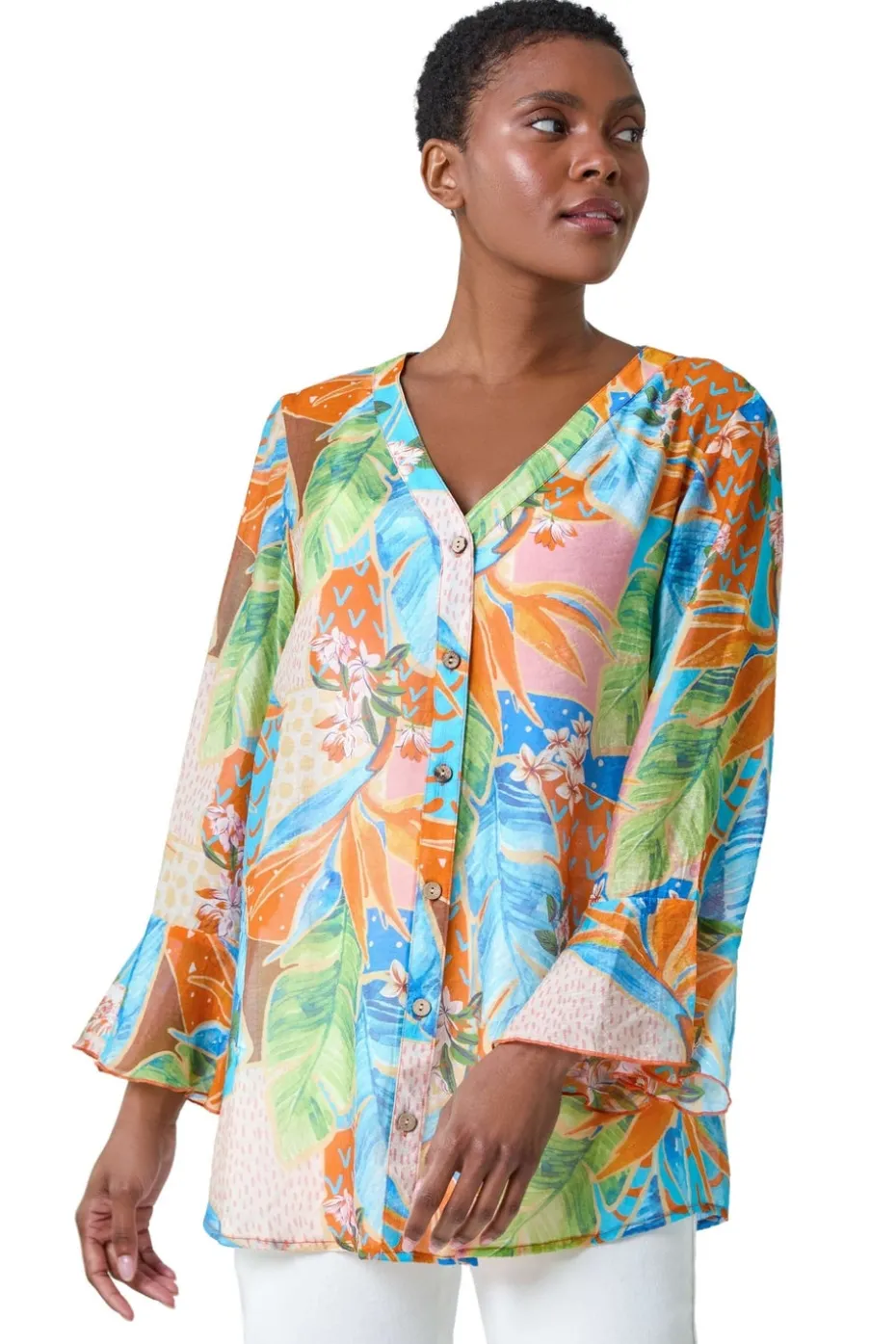 Roman Orange Tropical Print Frill Sleeve Top