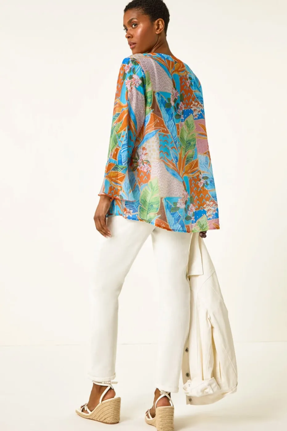 Roman Orange Tropical Print Frill Sleeve Top