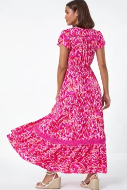 Roman Pink Abstract Print Shirred Waist Maxi Dress