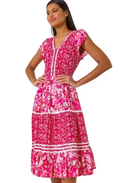 Roman Pink Floral Contrast Stitch Midi Dress