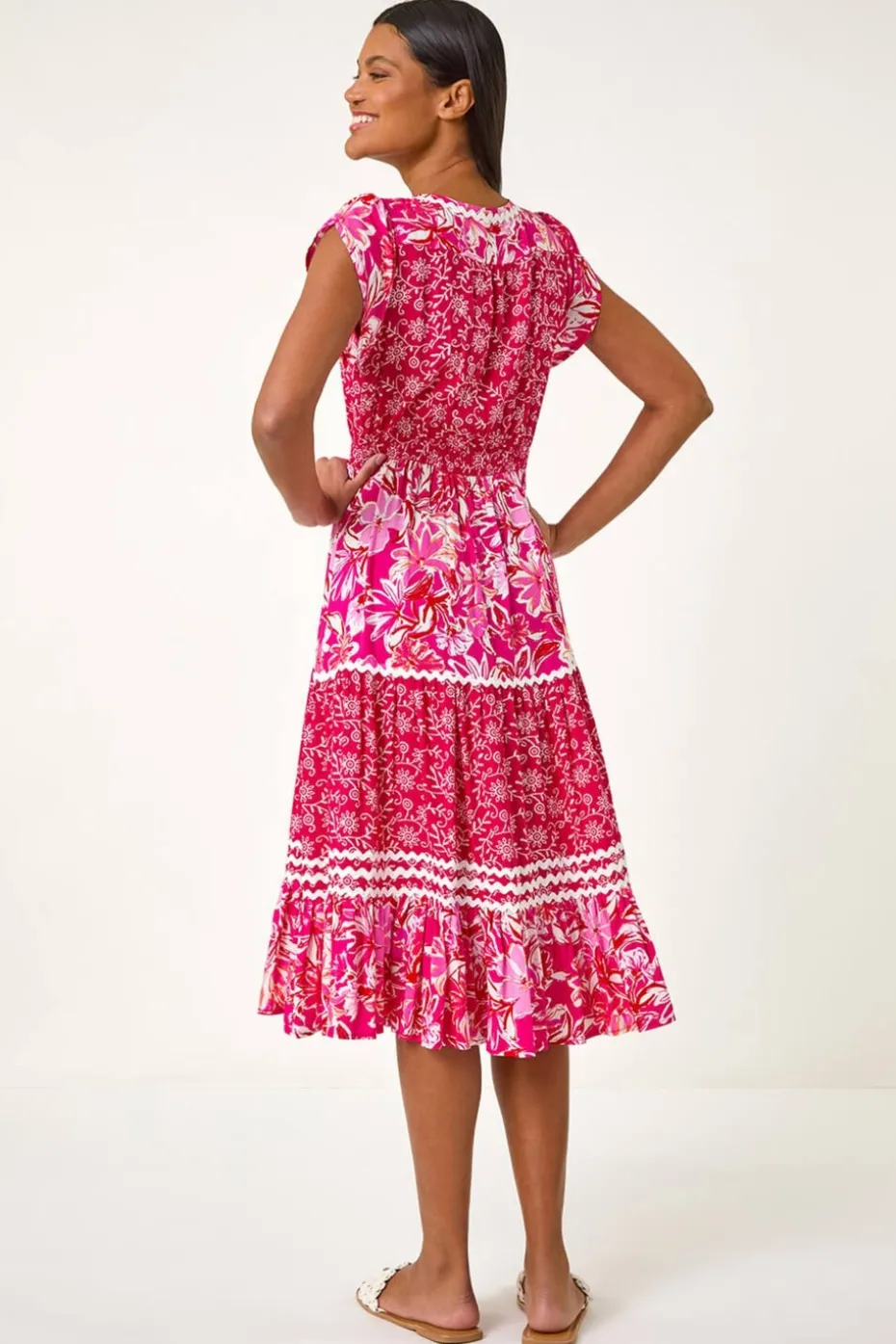 Roman Pink Floral Contrast Stitch Midi Dress