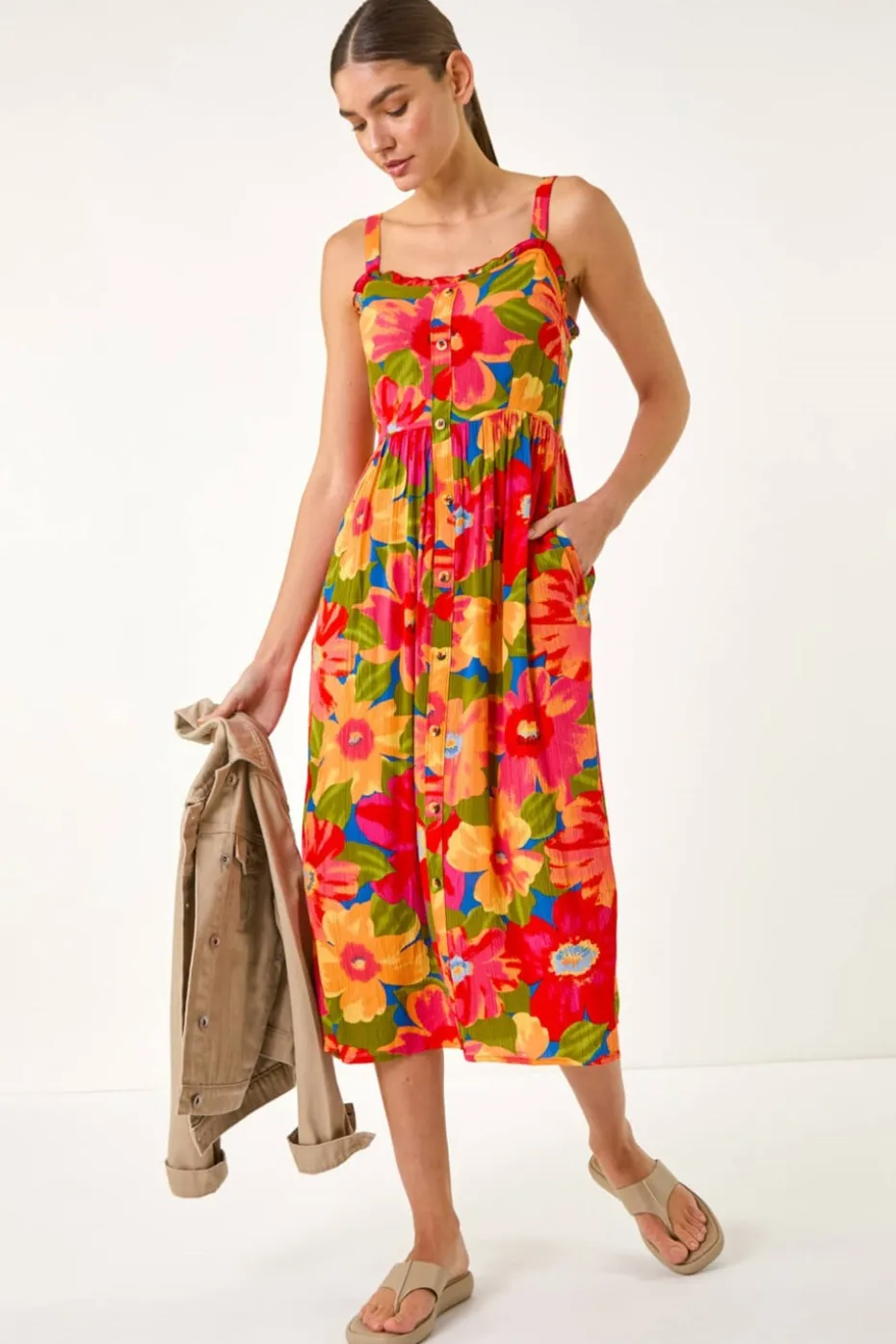 Roman Pink Floral Print Button Midi Sundress