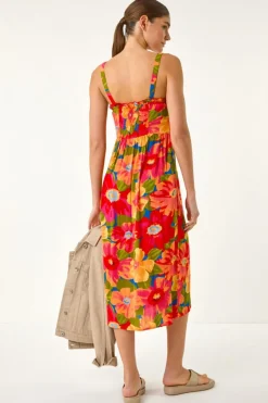 Roman Pink Floral Print Button Midi Sundress