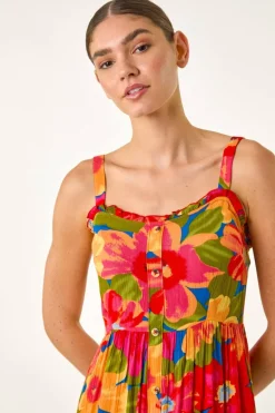 Roman Pink Floral Print Button Midi Sundress