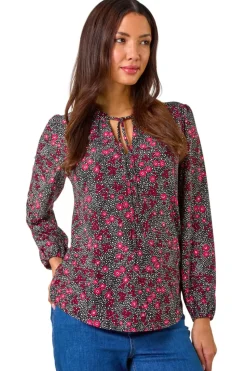 Roman Pink Floral Print Tie Neck Stretch Top