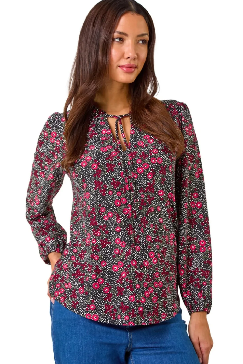 Roman Pink Floral Print Tie Neck Stretch Top