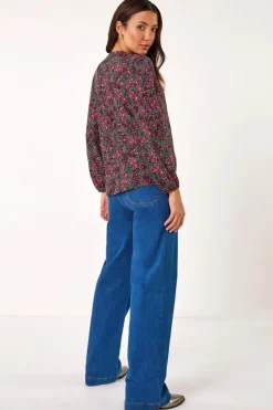 Roman Pink Floral Print Tie Neck Stretch Top