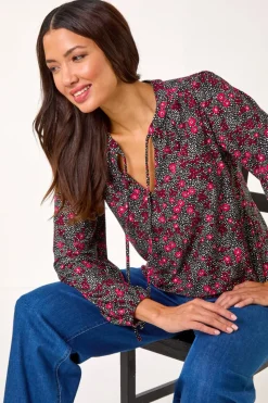 Roman Pink Floral Print Tie Neck Stretch Top