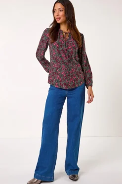 Roman Pink Floral Print Tie Neck Stretch Top