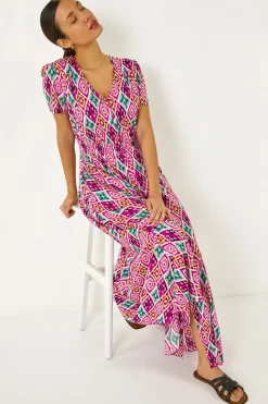 Roman Pink lkat Print Button Through Maxi Dress