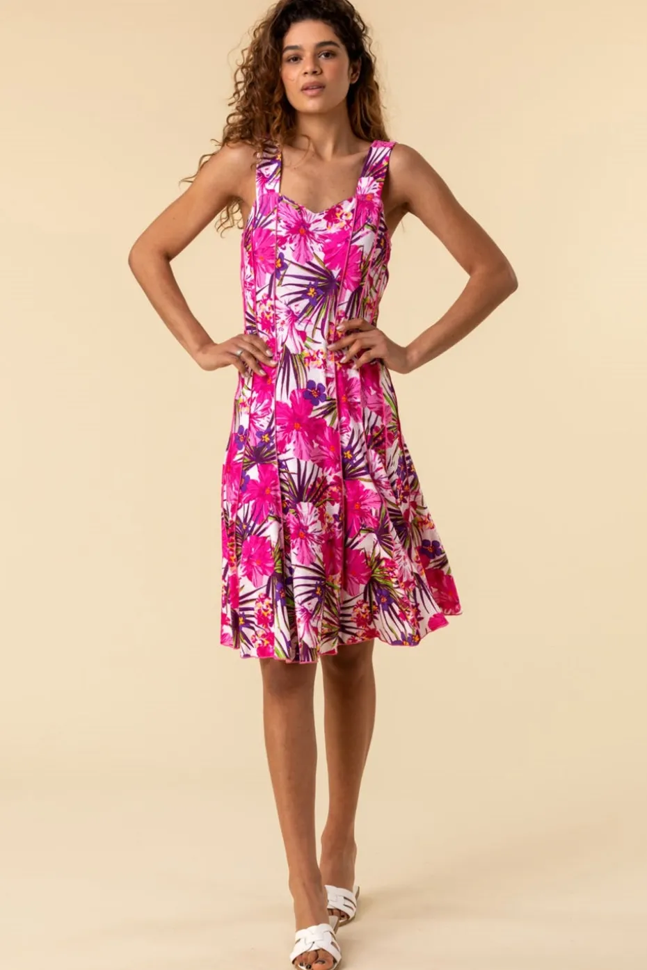 Roman Pink Tropical Floral Panel Stretch Skater Dress