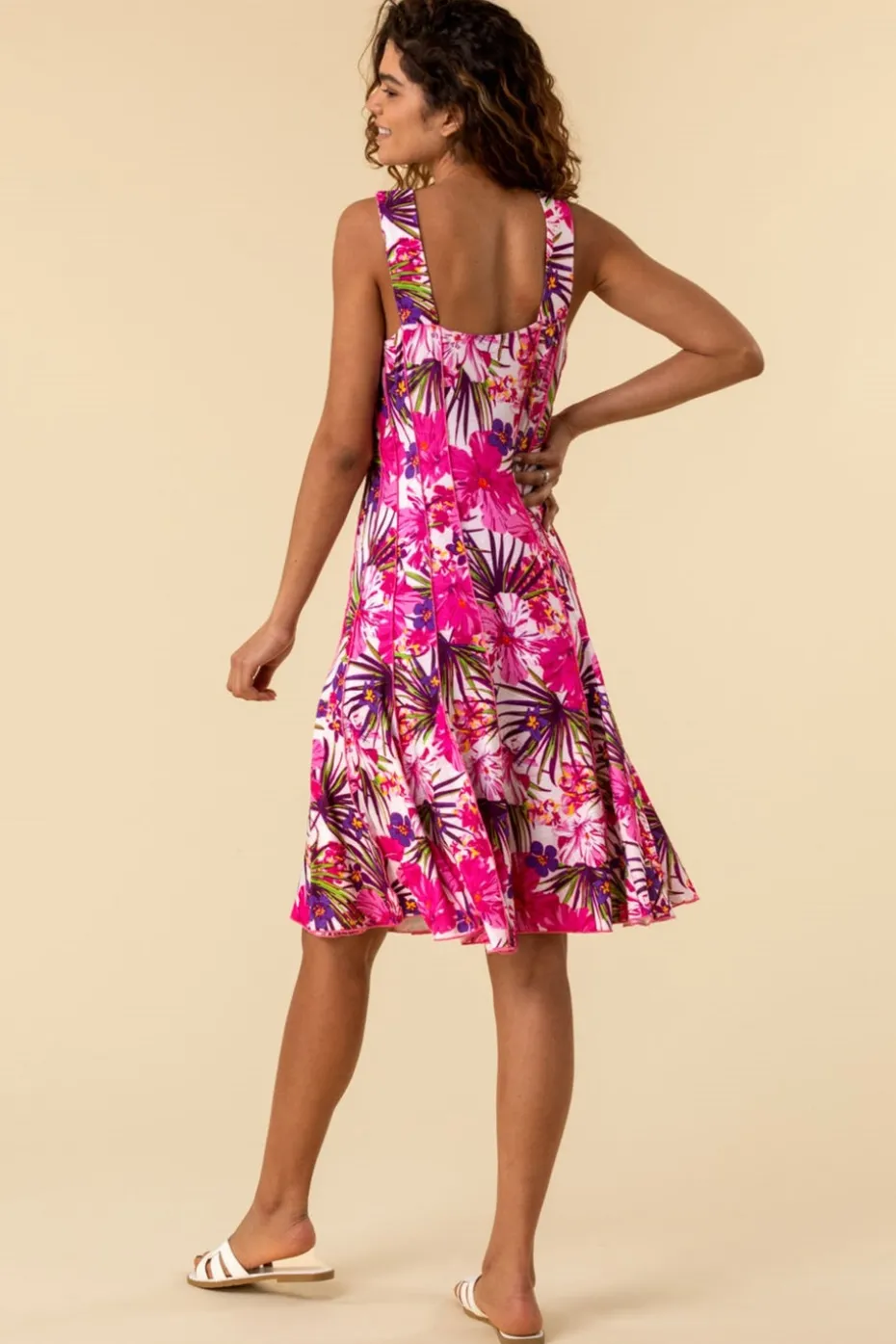 Roman Pink Tropical Floral Panel Stretch Skater Dress