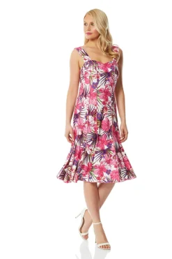 Roman Pink Tropical Floral Panel Stretch Skater Dress