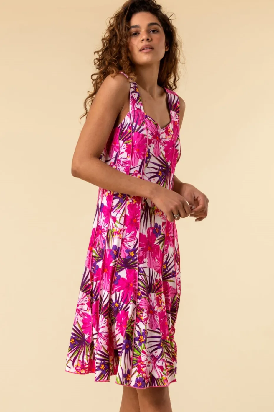 Roman Pink Tropical Floral Panel Stretch Skater Dress