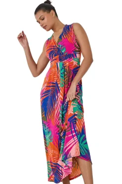 Roman Pink Tropical Gathered Stretch Wrap Maxi Dress