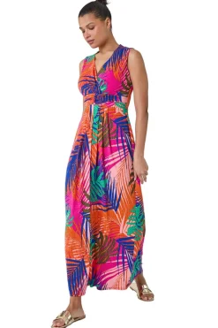 Roman Pink Tropical Gathered Stretch Wrap Maxi Dress