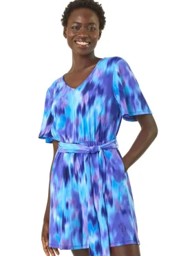 Roman Purple Abstract Print Belted Playsuit