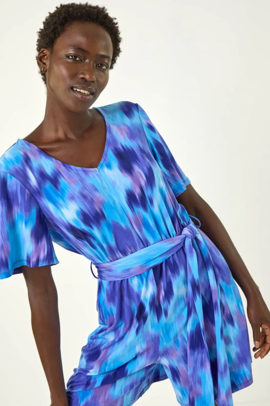 Roman Purple Abstract Print Belted Playsuit